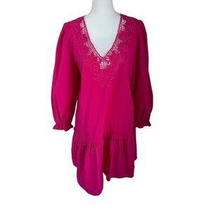 J. Crew Pink V-Neck Long Sleeve Eyelet Trim 100% Cotton Mini Dress Medium M